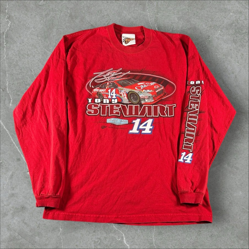 Vintage‎ Nascar Shirt Mens Medium Red 90s Y2K Tony Stewart Sleeve Hits LS Racing